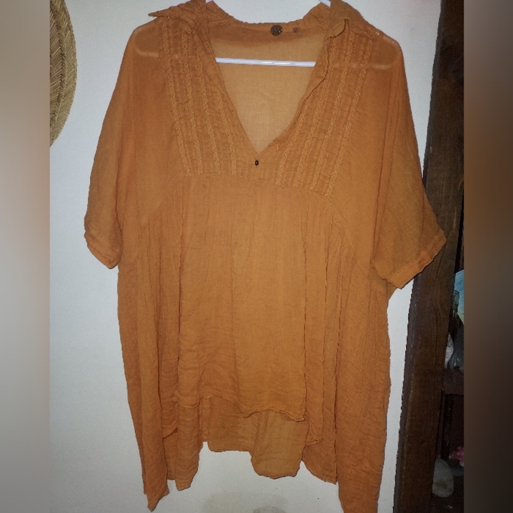 Free People Oversized Flowy Short Sleeve Blouse In Light Orange Small To Medium